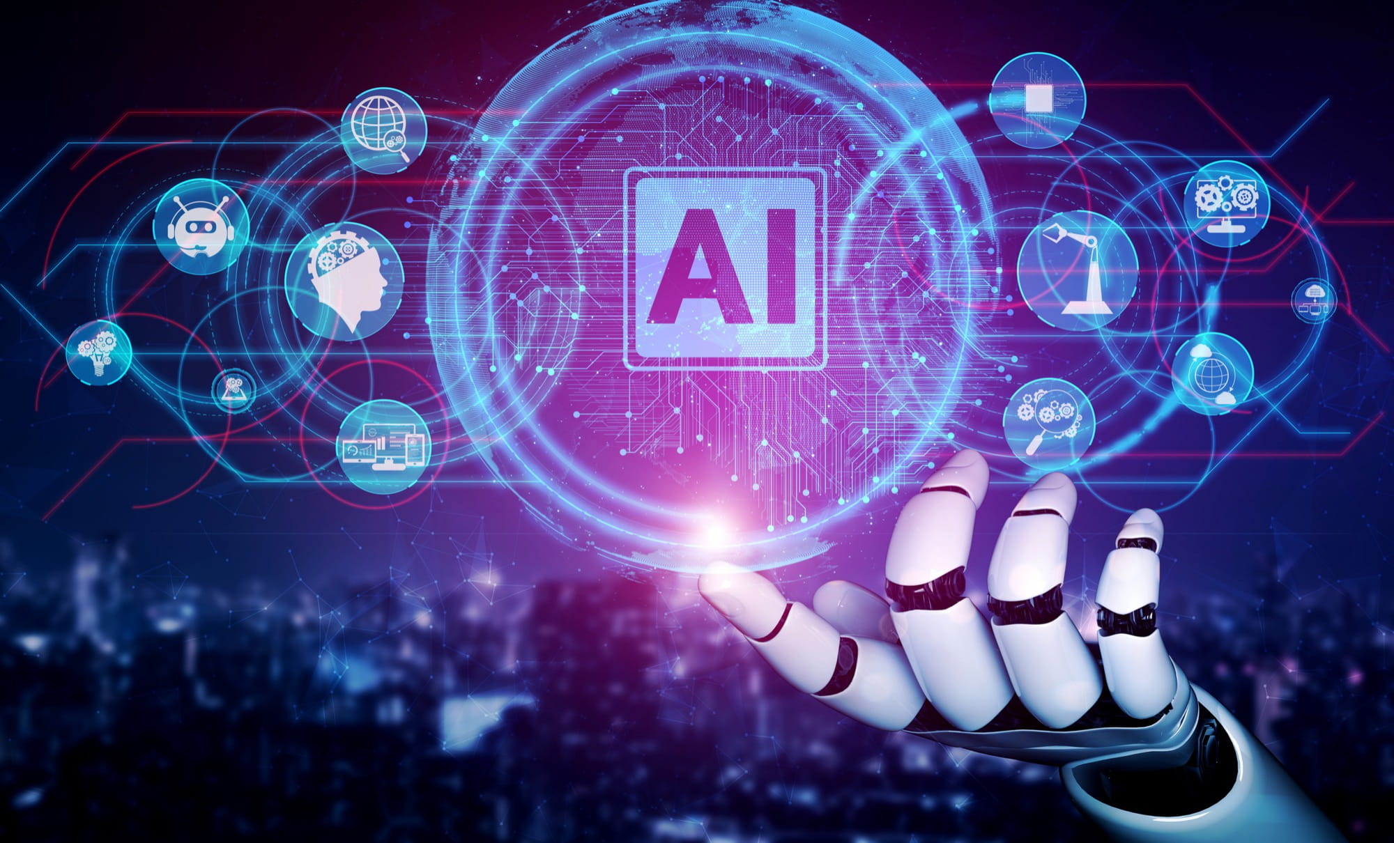Artificial intelligence — robotic hand presenting an AI network sphere